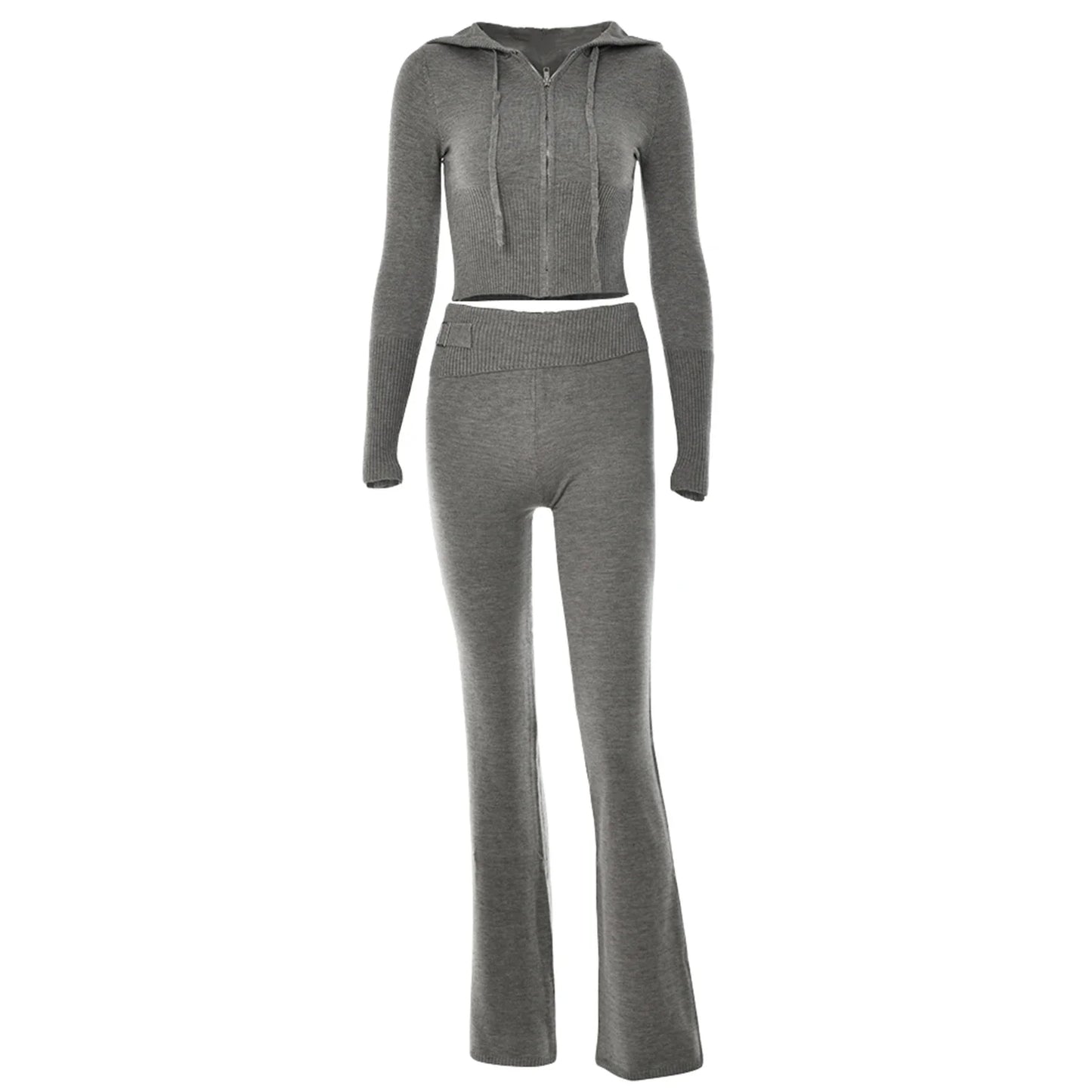 Ribbed Knit Tracksuit – Slim Hooded Crop Top & High-Waist Flare Pants (2-Piece Set)