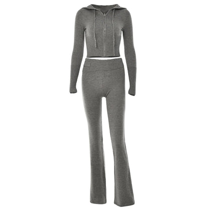 Ribbed Knit Tracksuit – Slim Hooded Crop Top & High-Waist Flare Pants (2-Piece Set)