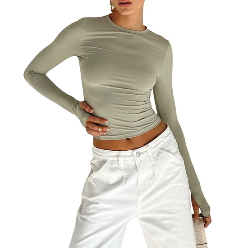 Fashion Women T-shirt Long Sleeve Crew Neck Solid Slim Fit Ladies Crop Top with Thumb Holes for Daily Streetwear Summer Camis
