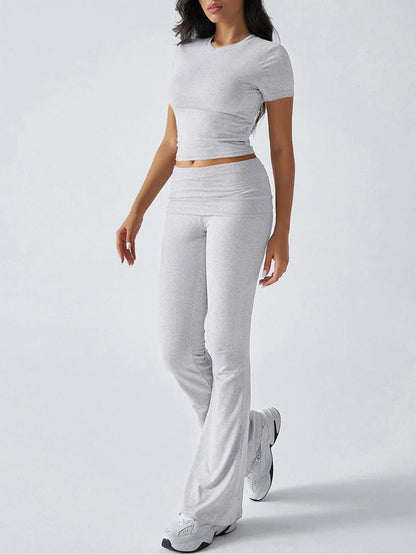 Women's Sexy Tops Suits 2025 Summer Latest Casual Solid Color Yoga Suit Slim Fit Sports Short Sleeved Pants Two-Piece Set Outfit