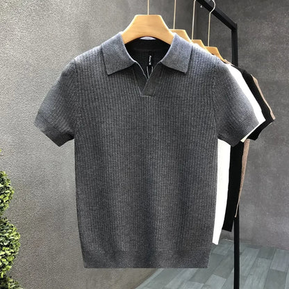 Casual Knitted Polo Shirt Men's Short Sleeve Cuban Collar T-Shirt Summer Fashion Individualistic Turn-down Collar Male Top