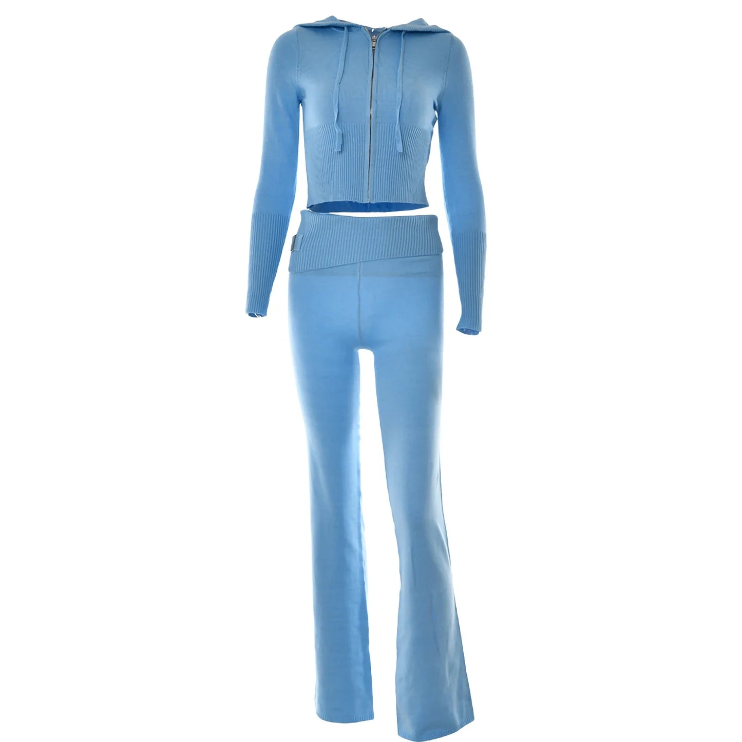 Ribbed Knit Tracksuit – Slim Hooded Crop Top & High-Waist Flare Pants (2-Piece Set)