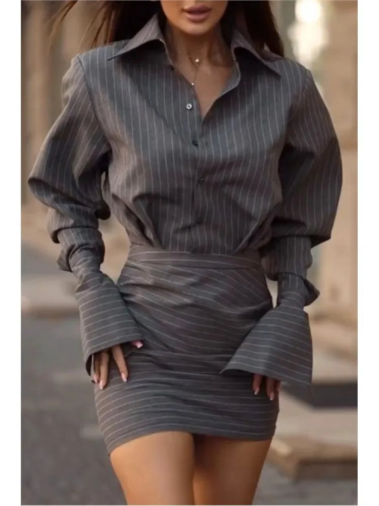 Spring And Summer New Fashion Striped Top Short Skirt Two-piece Set Simple Casual Temperament Elegant Short Skirt Sets Women