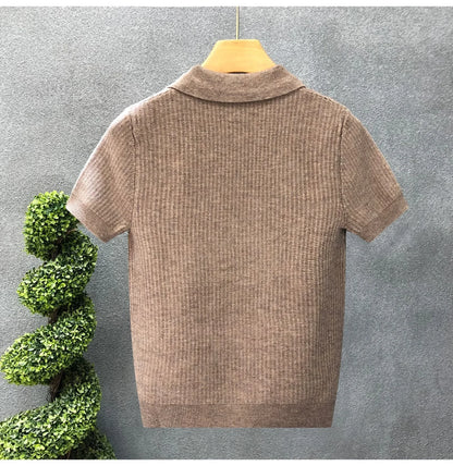 Casual Knitted Polo Shirt Men's Short Sleeve Cuban Collar T-Shirt Summer Fashion Individualistic Turn-down Collar Male Top