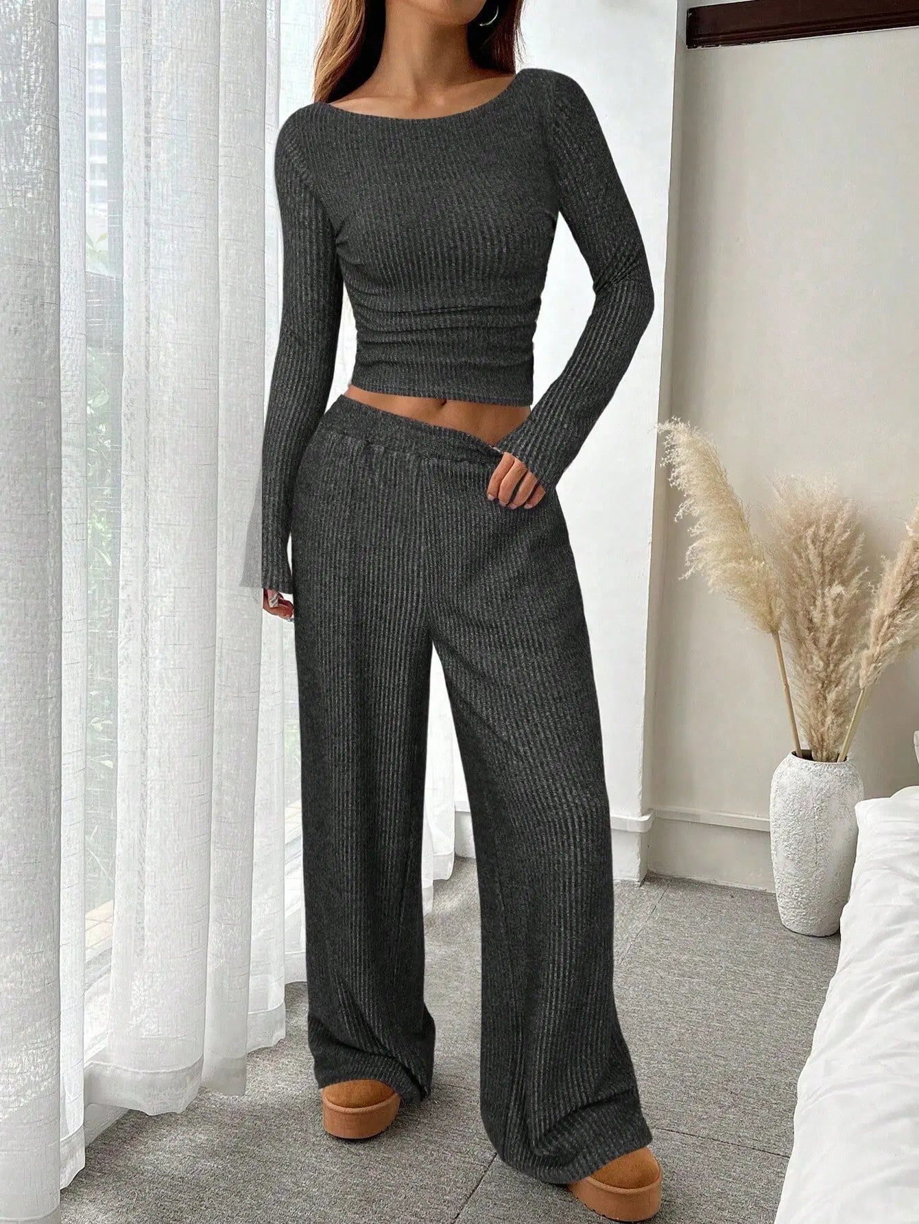 Two Pieces Women Pant Sets Solid Matching Set Long Sleeves Top Elastic Waist Wide Leg Pant Slim Fit Casual 2025 Autumn Winter