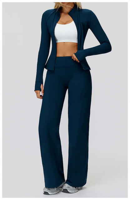 2Pcs Women's Long Sleeve Sports Jacket Zipper Gym Suit Outdoor Sportswear Yoga Workout Two-Piece Fitness Set Female Outfit