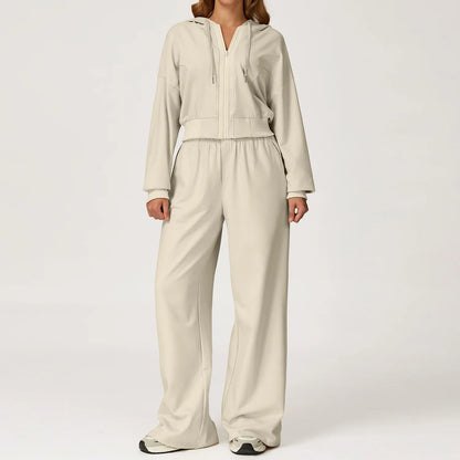 Winter 2-piece Sports Hoodie Set Women's Tracksuit Zipper Loose Long Sleeved Hooded Slimming Yoga Pants Set Running Fitness Set