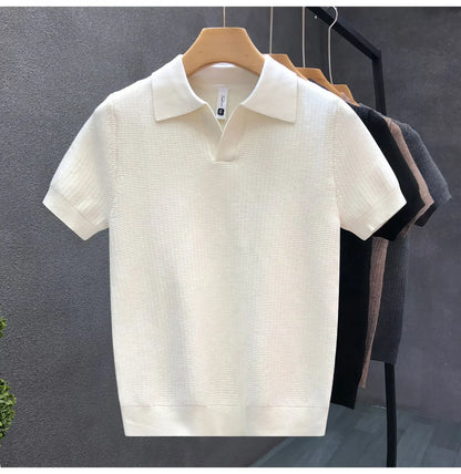 Casual Knitted Polo Shirt Men's Short Sleeve Cuban Collar T-Shirt Summer Fashion Individualistic Turn-down Collar Male Top