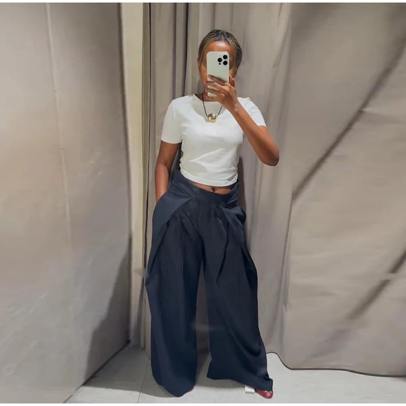 Fashion Chic Irregular Striped Long Pants For Women High Waist Loose Trouser 2025 Autumn Winter Fashion Female Daily Casual Pant