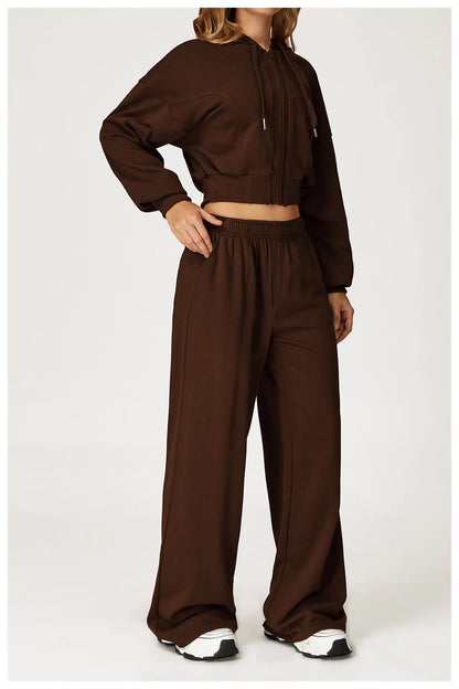 Winter 2-piece Sports Hoodie Set Women's Tracksuit Zipper Loose Long Sleeved Hooded Slimming Yoga Pants Set Running Fitness Set