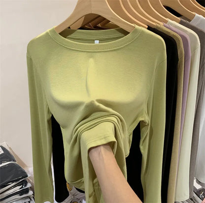 Fashion Long Sleeved T-shirt Women's Solid O-Neck Ice Silk Bottoming Shirt Spring Autumn New Pullover Simple Casual Tops