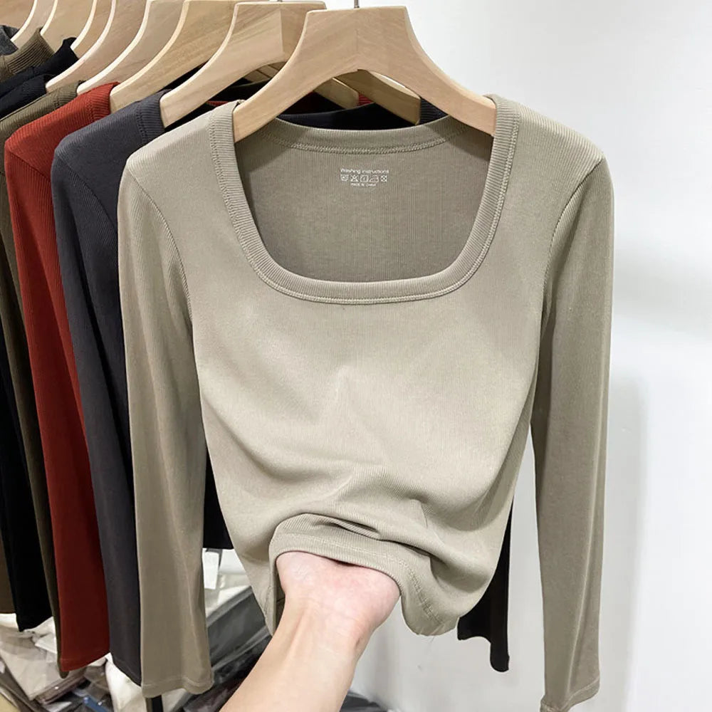 Fashion Square Collar Long Sleeve T-shirt for Women 2025 Spring Autumn New Slim Short Tops Solid Casual Thin Bottoming Shirt