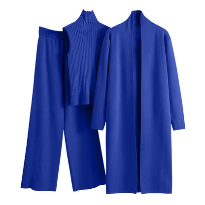Ladies 3 Piece Outfits Sweater Sets Pullover Crop Top & Knitted Long Cardigan & Wide Leg Pants Suits Autumn Clothes Sets
