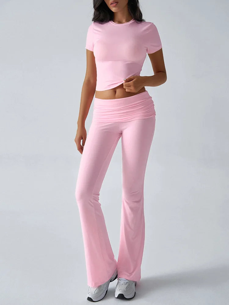 Women's Sexy Tops Suits 2025 Summer Latest Casual Solid Color Yoga Suit Slim Fit Sports Short Sleeved Pants Two-Piece Set Outfit