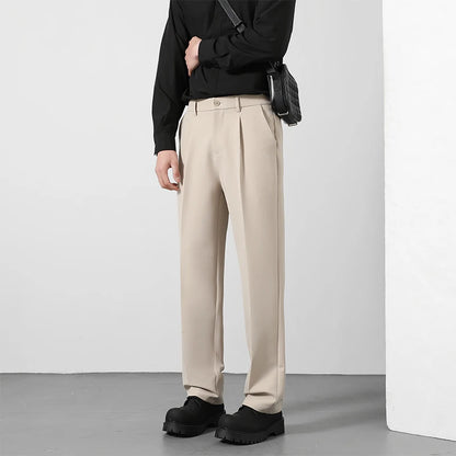 2025 Men's Loose Suit Pants Classic Straight Solid Color Drape Elastic Business Office Worker Casual Trousers Brown Khaki Gray