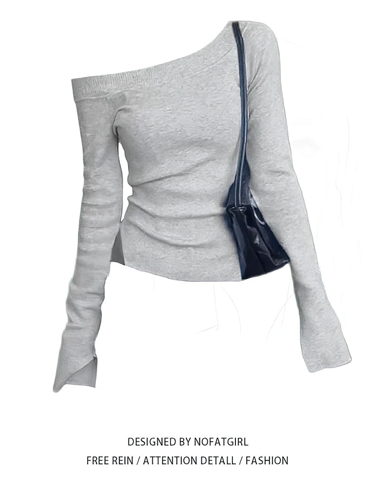 Off shoulder Long sleeve T shirt Women One shoulder Fitted Basic Plain Tee Shirt Lady Split Casual Top Spring Autumn Winter
