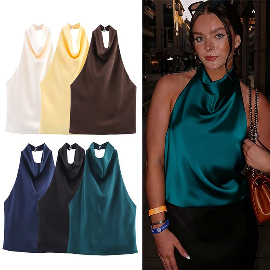 2026 Halter Tops For Women Satin Backless Short Top Female Summer Beach Top Woman off Shoulder Camisole Top Women