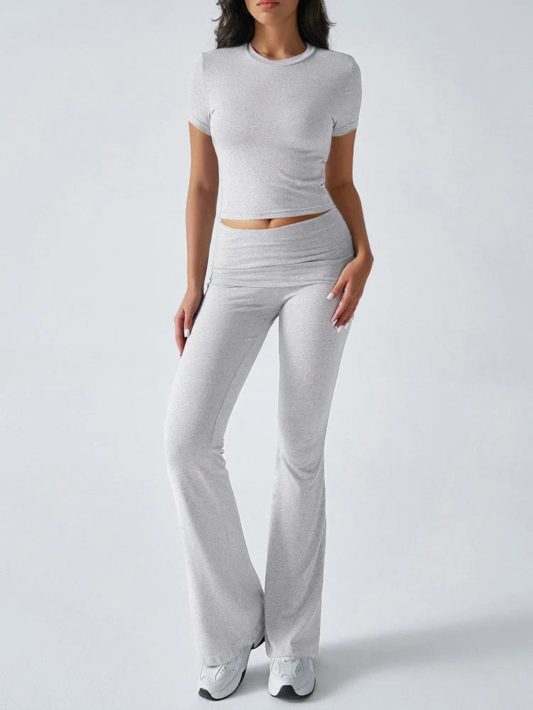 Women's Sexy Tops Suits 2025 Summer Latest Casual Solid Color Yoga Suit Slim Fit Sports Short Sleeved Pants Two-Piece Set Outfit