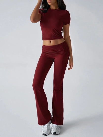 Women's Sexy Tops Suits 2025 Summer Latest Casual Solid Color Yoga Suit Slim Fit Sports Short Sleeved Pants Two-Piece Set Outfit