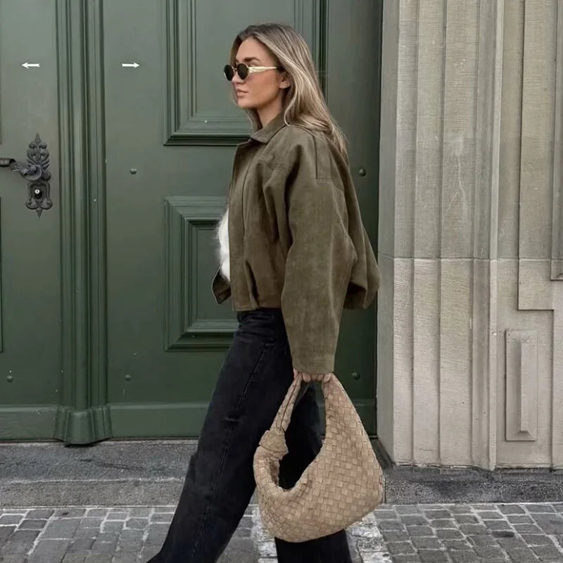 Turn-Down Collar Bomber Jackets Chic Top