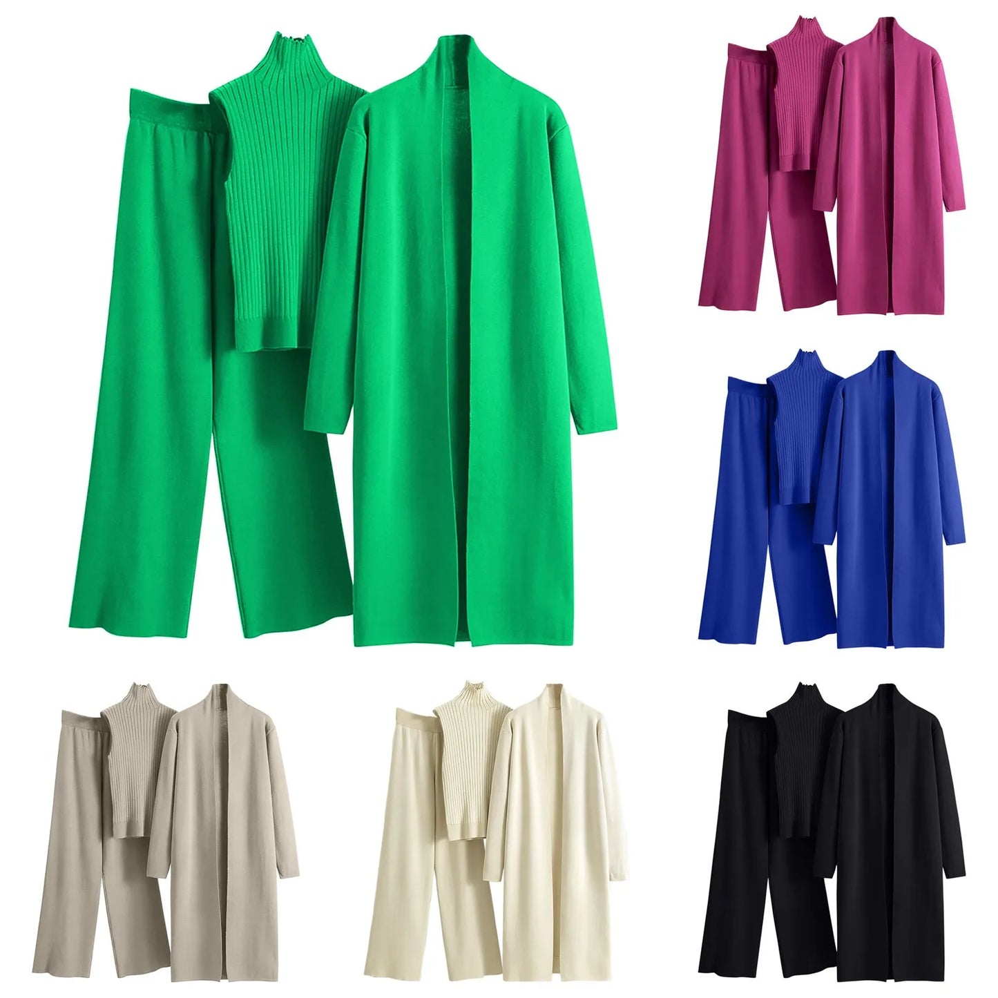 Ladies 3 Piece Outfits Sweater Sets Pullover Crop Top & Knitted Long Cardigan & Wide Leg Pants Suits Autumn Clothes Sets