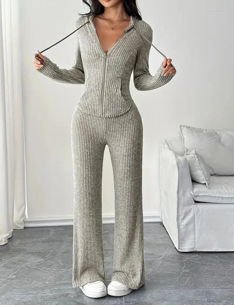 Solid Color Casual Slim Pants Sets For Women 2025 Elegant Autumn Women's Two Pieces Suit Full Trouser Set Female Outfit Clothes