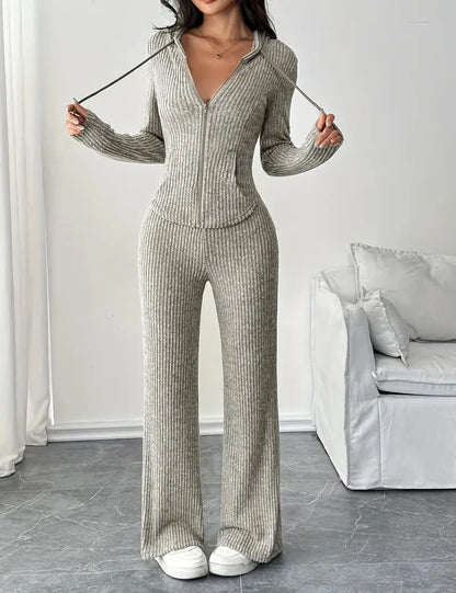 Solid Color Casual Slim Pants Sets For Women 2025 Elegant Autumn Women's Two Pieces Suit Full Trouser Set Female Outfit Clothes