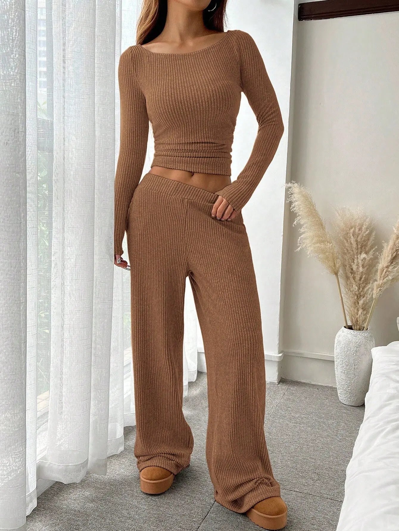 Two Pieces Women Pant Sets Solid Matching Set Long Sleeves Top Elastic Waist Wide Leg Pant Slim Fit Casual 2025 Autumn Winter