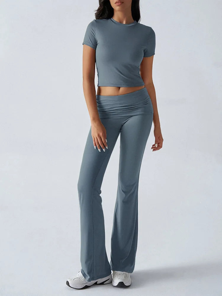 Women's Sexy Tops Suits 2025 Summer Latest Casual Solid Color Yoga Suit Slim Fit Sports Short Sleeved Pants Two-Piece Set Outfit