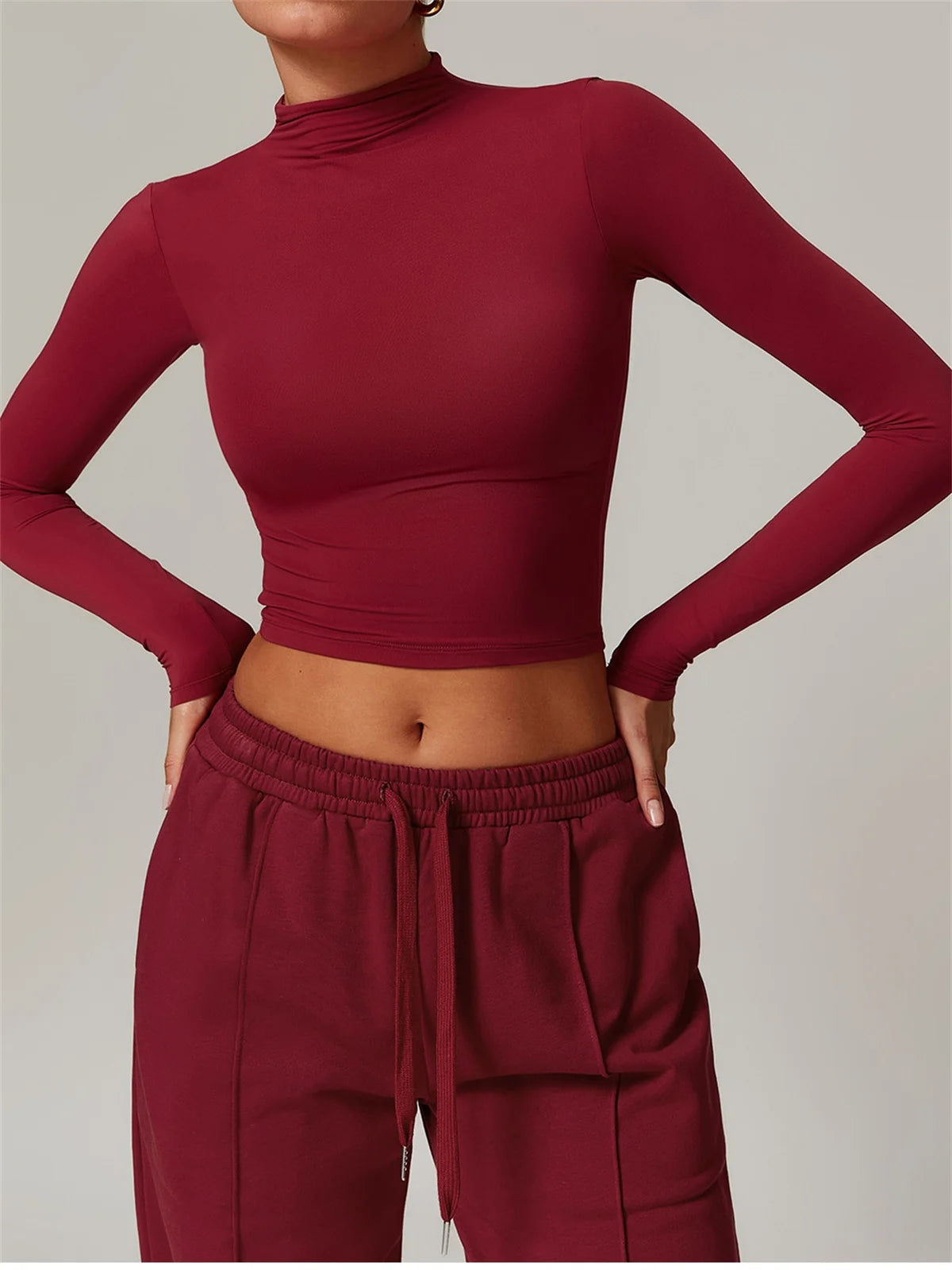 Women Clothes Yoga Set Long Sleeve High Neck Slim Shirt Top with High Waist Drawstring Sweatpants Sport Gym Running Fitness Suit