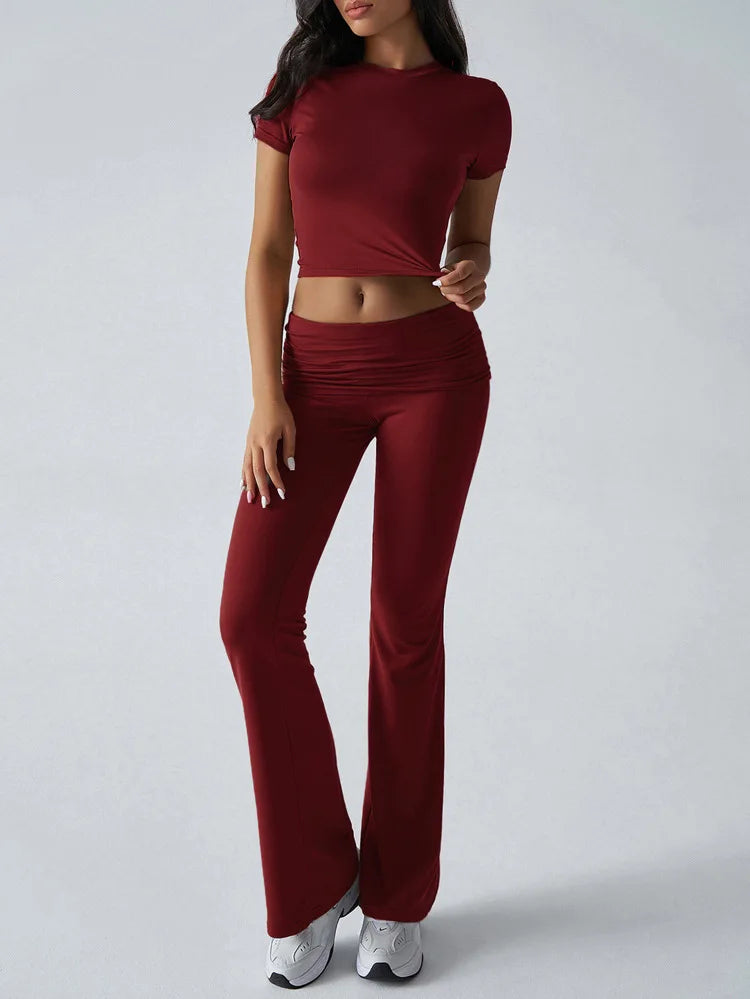 Women's Sexy Tops Suits 2025 Summer Latest Casual Solid Color Yoga Suit Slim Fit Sports Short Sleeved Pants Two-Piece Set Outfit