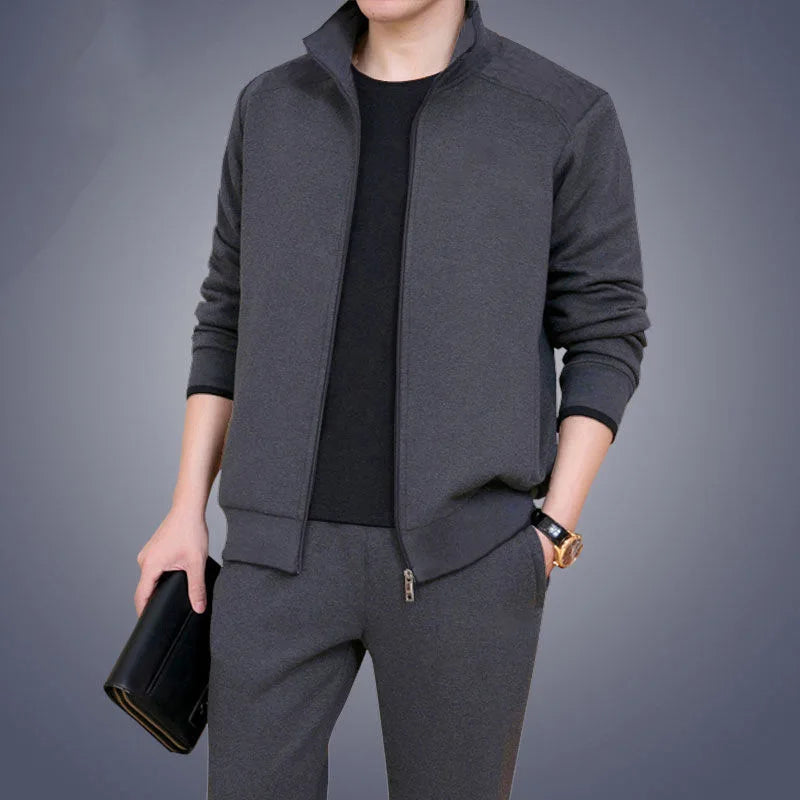 Middle aged and elderly men's two-piece casual wear and sportswear set, long sleeved set, public edition solid color cardigan to
