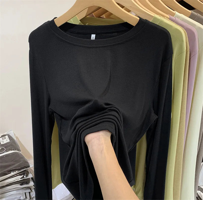 Fashion Long Sleeved T-shirt Women's Solid O-Neck Ice Silk Bottoming Shirt Spring Autumn New Pullover Simple Casual Tops