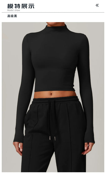 Women Clothes Yoga Set Long Sleeve High Neck Slim Shirt Top with High Waist Drawstring Sweatpants Sport Gym Running Fitness Suit