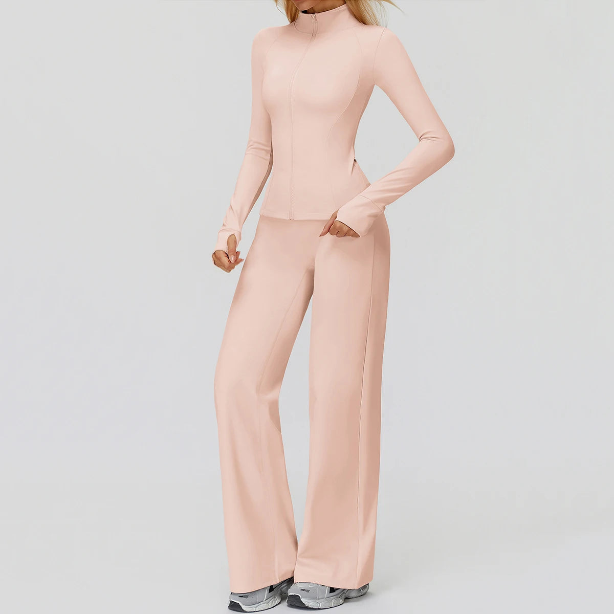 2Pcs Women's Long Sleeve Sports Jacket Zipper Gym Suit Outdoor Sportswear Yoga Workout Two-Piece Fitness Set Female Outfit