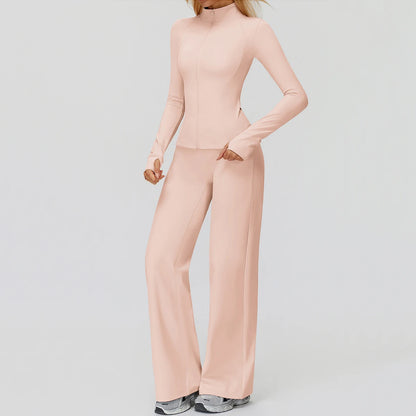 2Pcs Women's Long Sleeve Sports Jacket Zipper Gym Suit Outdoor Sportswear Yoga Workout Two-Piece Fitness Set Female Outfit