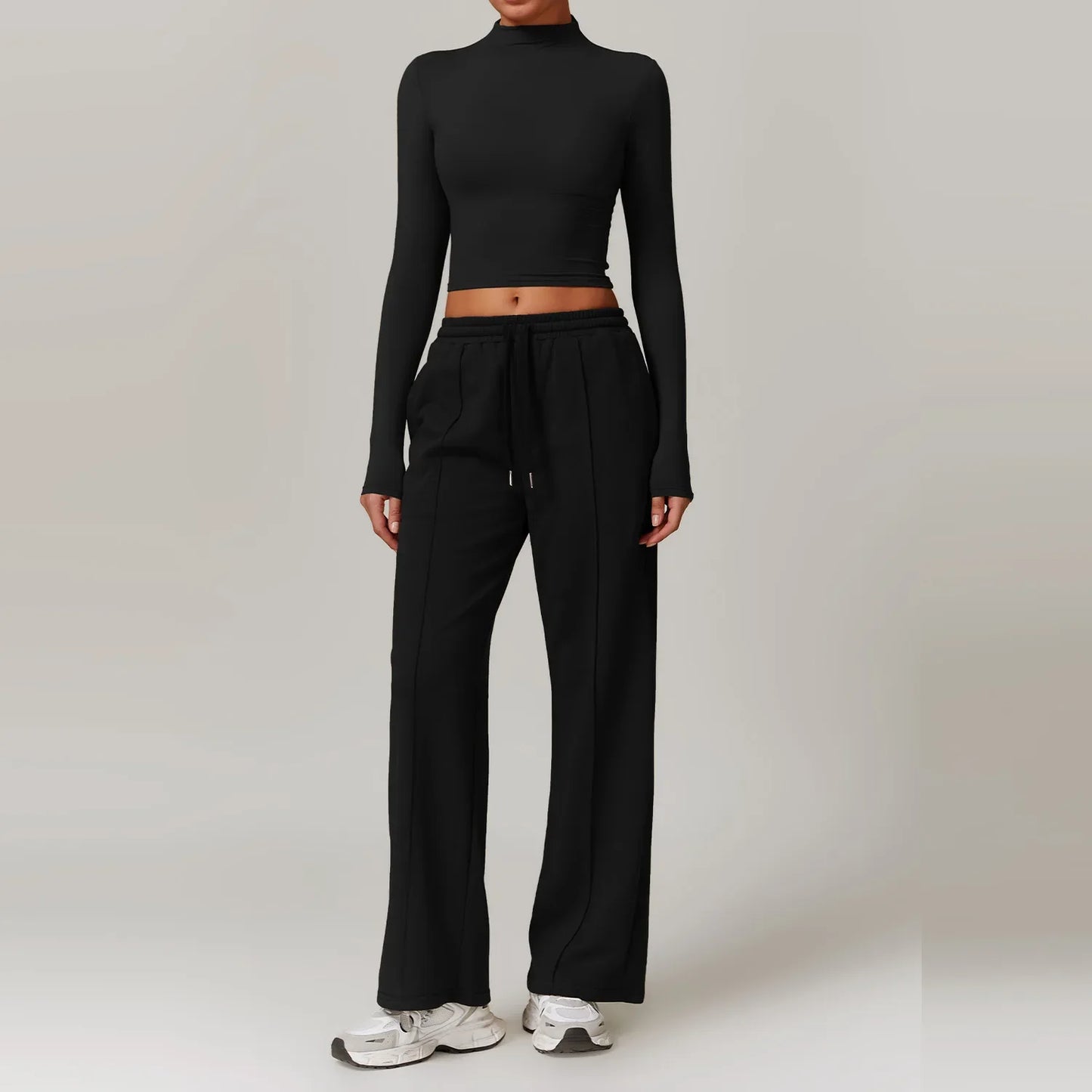 Women Clothes Yoga Set Long Sleeve High Neck Slim Shirt Top with High Waist Drawstring Sweatpants Sport Gym Running Fitness Suit