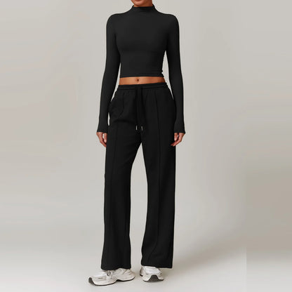 Women Clothes Yoga Set Long Sleeve High Neck Slim Shirt Top with High Waist Drawstring Sweatpants Sport Gym Running Fitness Suit