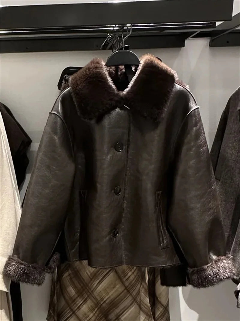 Women's Jacket 2025 Autumn/Winter New Arrivals Dark Brown Long-Sleeve Faux Leather Reversible Jacket Stylish and Unique