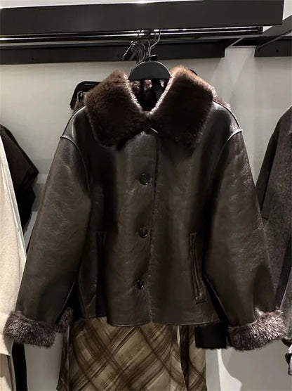 Women's Jacket 2025 Autumn/Winter New Arrivals Dark Brown Long-Sleeve Faux Leather Reversible Jacket Stylish and Unique