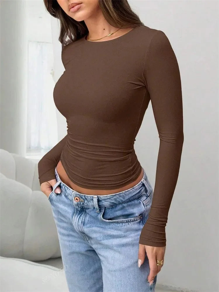 Basic Long Sleeve Crop Top for Women Spring Autumn Winter Round Neck Slim Fit Solid Color T-shirt Streetwear Tee Top