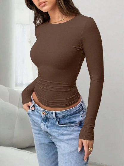 Basic Long Sleeve Crop Top for Women Spring Autumn Winter Round Neck Slim Fit Solid Color T-shirt Streetwear Tee Top