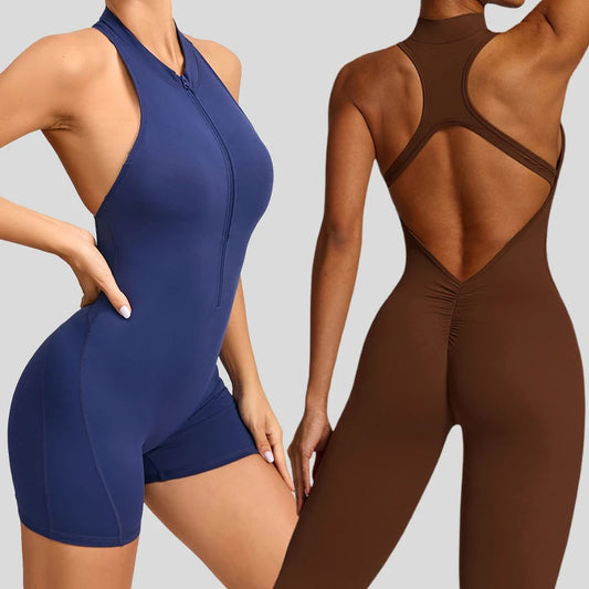 Ctenkevet Gym Sports Jumpsuit Women V Back Yoga One-Piece Suit Outdoors Workout Activewear Female Backless Zippers Sportswear