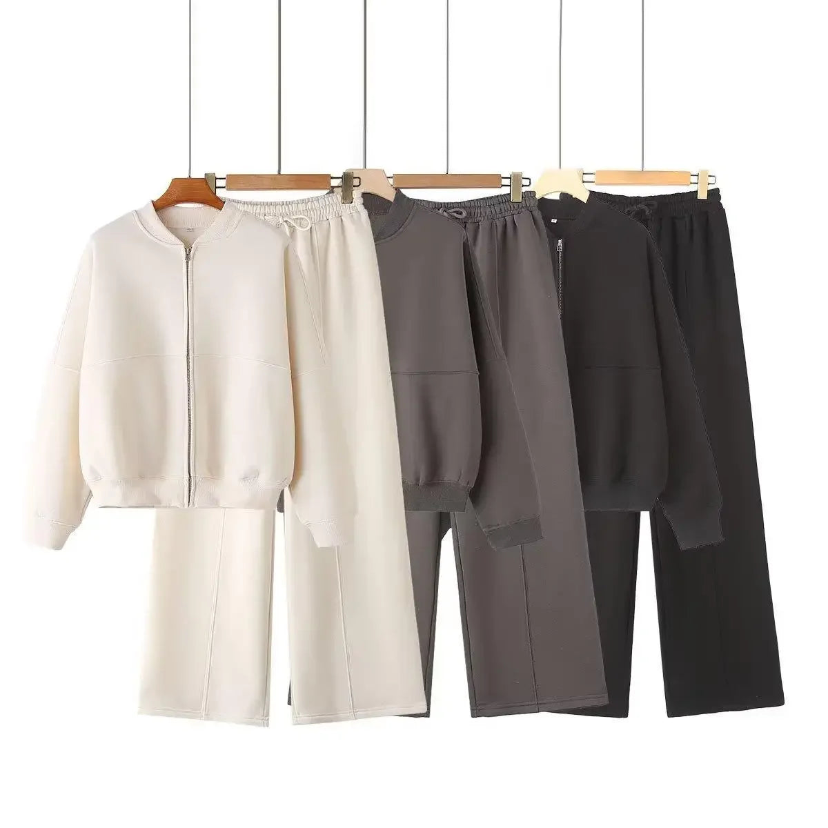 Zipper Pilot Jacket Sweatshirt Style Loose High Waist Fleece Pants Cotton Streetwear Series Women's Fashion Set