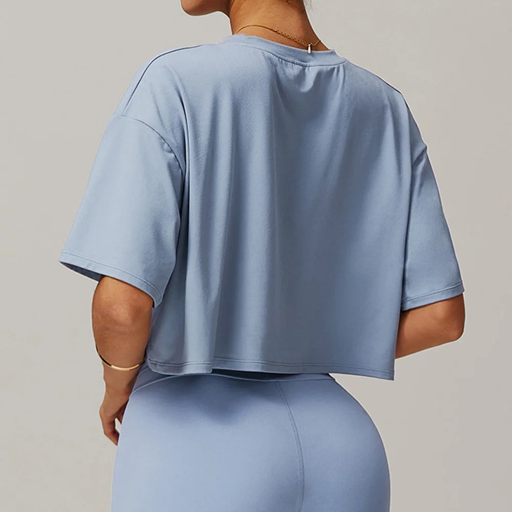Loose Yoga Top Women Short Sleeve Gym Top Quick Dry Running Sports Shirt Fitness Woman Athletic Cropped Tops Push Up Active Wear