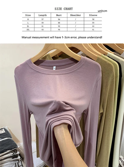 Fashion Long Sleeved T-shirt Women's Solid O-Neck Ice Silk Bottoming Shirt Spring Autumn New Pullover Simple Casual Tops
