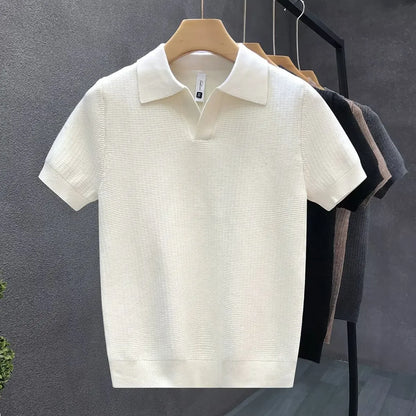 Casual Knitted Polo Shirt Men's Short Sleeve Cuban Collar T-Shirt Summer Fashion Individualistic Turn-down Collar Male Top