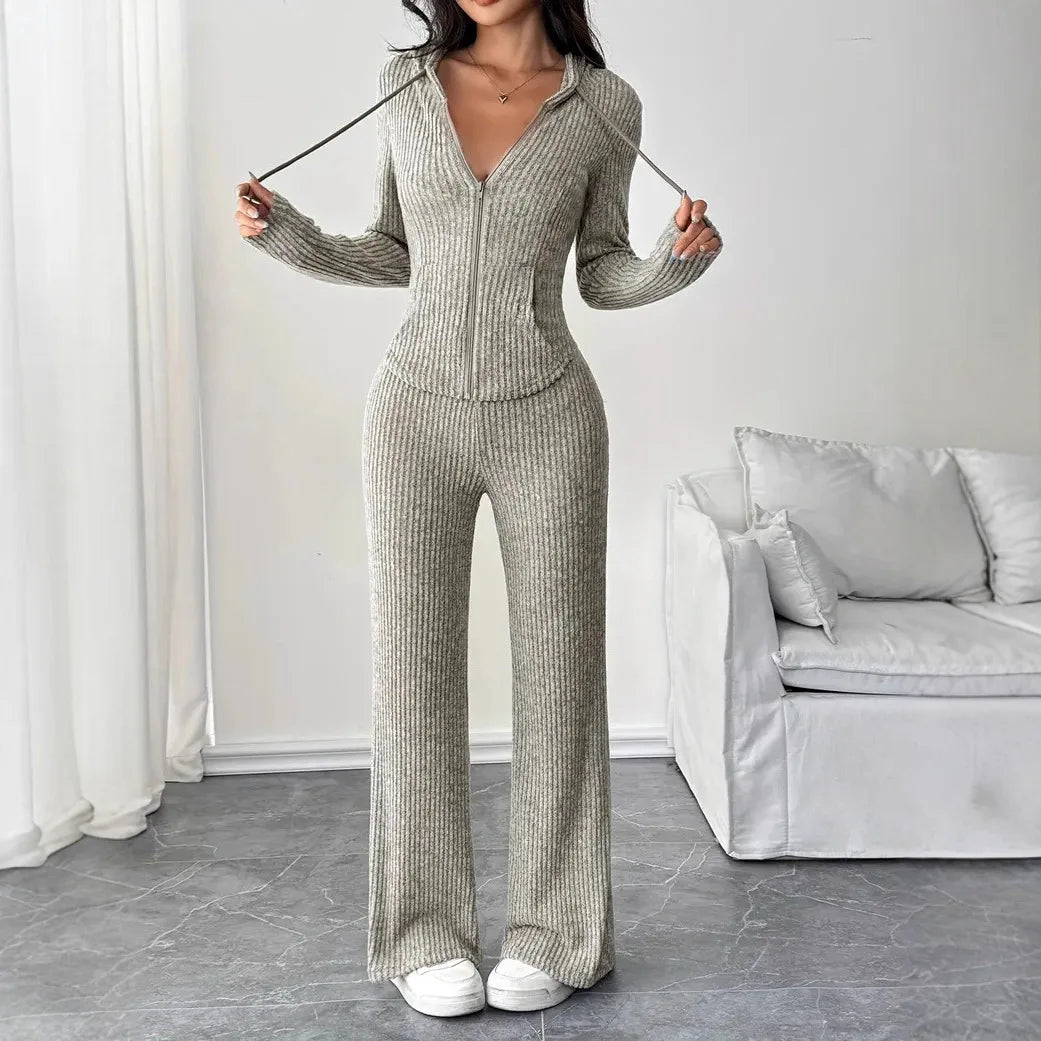 Solid Color Casual Slim Pants Sets For Women 2025 Elegant Autumn Women's Two Pieces Suit Full Trouser Set Female Outfit Clothes