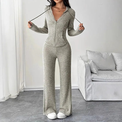 Solid Color Casual Slim Pants Sets For Women 2025 Elegant Autumn Women's Two Pieces Suit Full Trouser Set Female Outfit Clothes