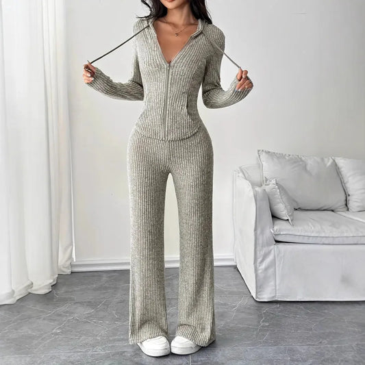 Solid Color Casual Slim Pants Sets For Women 2025 Elegant Autumn Women's Two Pieces Suit Full Trouser Set Female Outfit Clothes